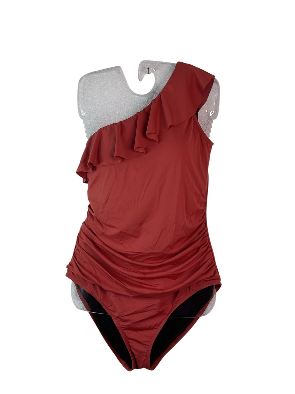 Asymmetric Ruffle One-Shoulder Swimsuit in Rust - Picture 2 of 7